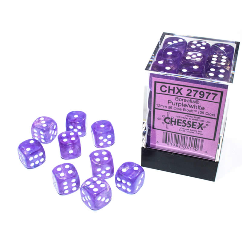 CHX27977 Purple Borealis Dice Luminary White Pips D6 12mm (1/2in) Pack of 36 Main Image