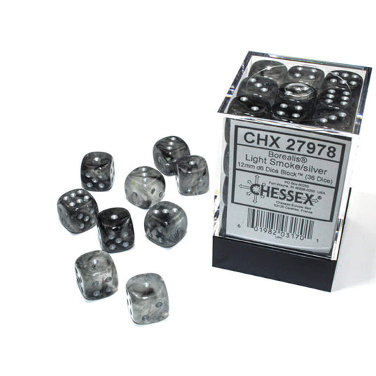 CHX27978 Light Smoke Borealis Dice Luminary Silver Pips D6 12mm (1/2in) Pack of 36 Main Image