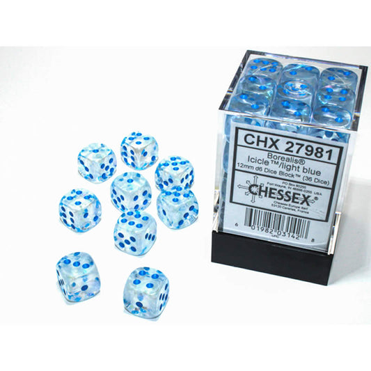 CHX27981 Icicle Borealis Dice Luminary Light Blue Pips D6 12mm (1/2in) Pack of 36 Main Image