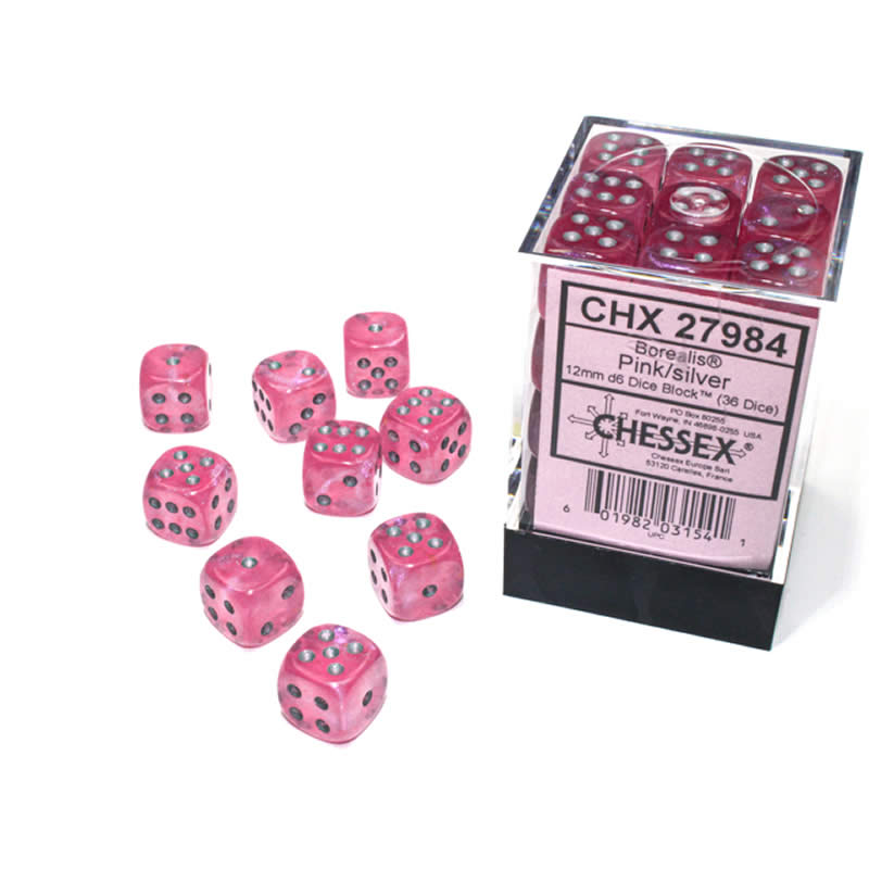 CHX27984 Pink Borealis Dice Luminary Silver Pips D6 12mm (1/2in) Pack of 36 Main Image