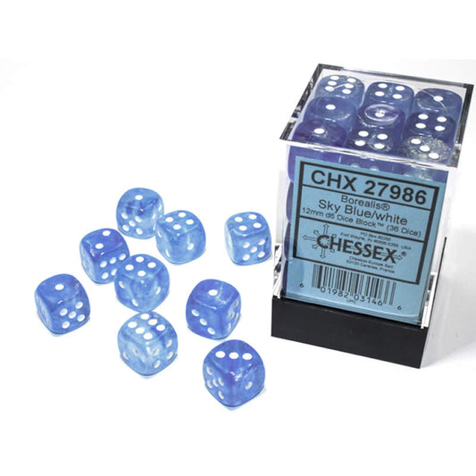 CHX27986 Sky Blue Borealis Dice Luminary White Pips D6 12mm (1/2in) Pack of 36 Main Image