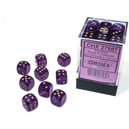 CHX27987 Royal Purple Borealis Dice Luminary with Gold Pips D6 12mm (1/2in) Pack of 36 Chessex Main Image