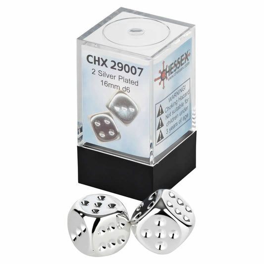 CHX29007 Silver Plated Dice with Pips D6 16mm (5/8in) Pack of 2 Main Image