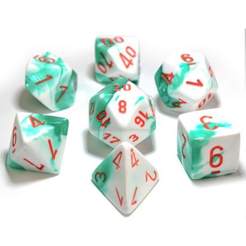 CHX30020 Mint Green White Gemini Dice Orange Numbers 16mm (5/8in) Set of 7 Main Image