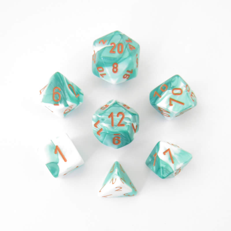 CHX30020 Mint Green White Gemini Dice Orange Numbers 16mm (5/8in) Set of 7 2nd Image