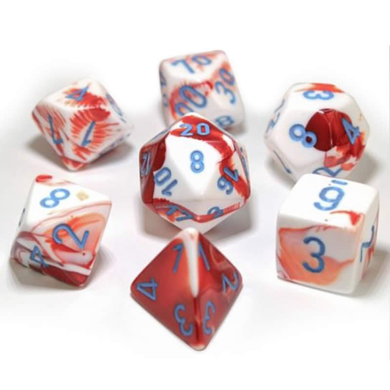 CHX30022 Red White Gemini Dice Blue Numbers 16mm (5/8in) Set of 7 Main Image