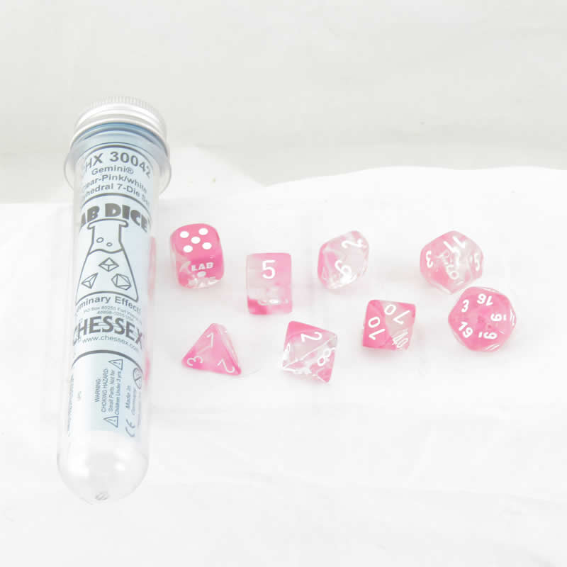 CHX30042 Clear and Pink Gemini Luminary Dice White Numbers 16mm (5/8in) Set of 7 Main Image