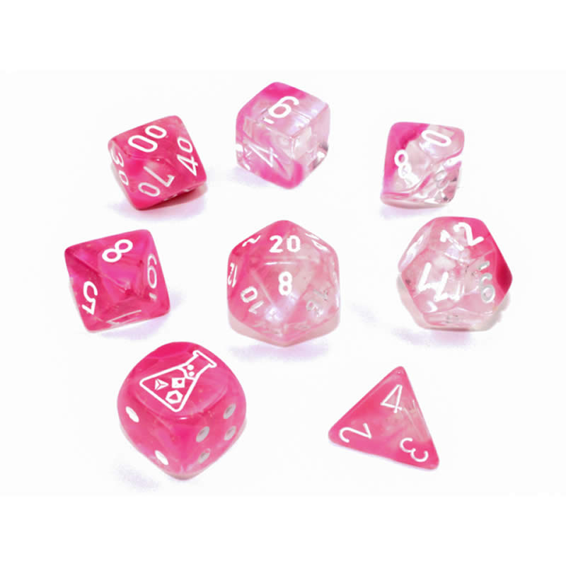 CHX30042 Clear and Pink Gemini Luminary Dice White Numbers 16mm (5/8in) Set of 7 2nd Image