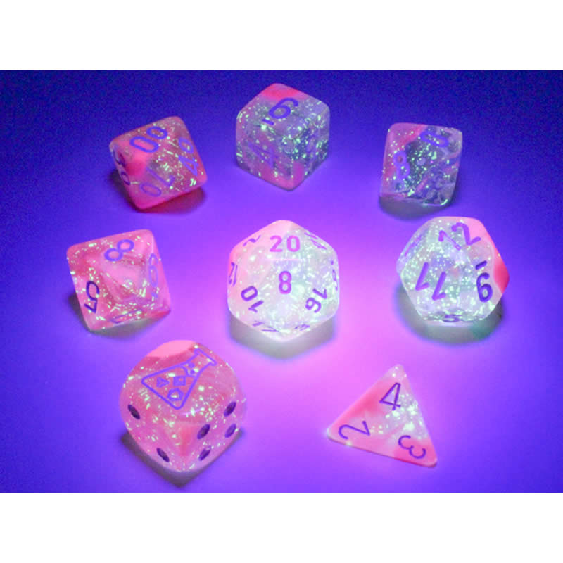 CHX30042 Clear and Pink Gemini Luminary Dice White Numbers 16mm (5/8in) Set of 7 3rd Image