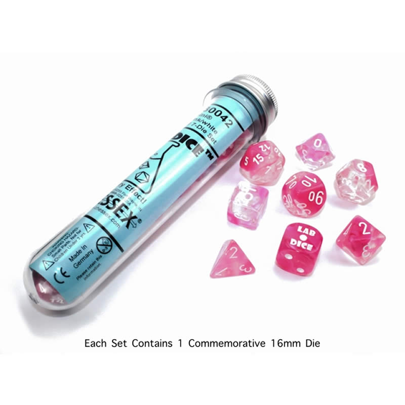 CHX30042 Clear and Pink Gemini Luminary Dice White Numbers 16mm (5/8in) Set of 7 4th Image