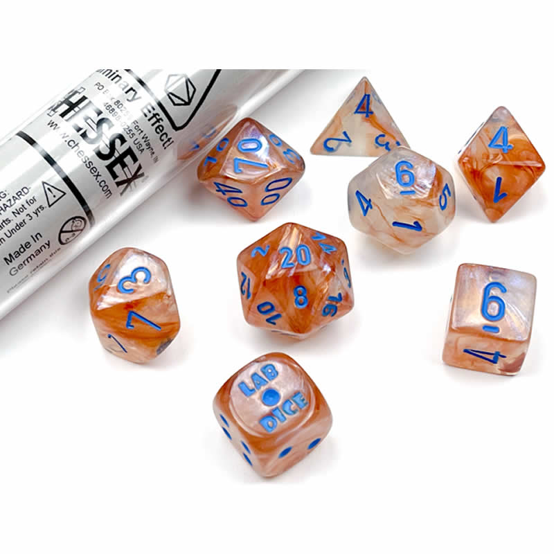 CHX30045 Rose Gold Borealis Luminary Dice with Light Blue Numbers 7+1 Dice Set 16mm (5/8in) Main Image