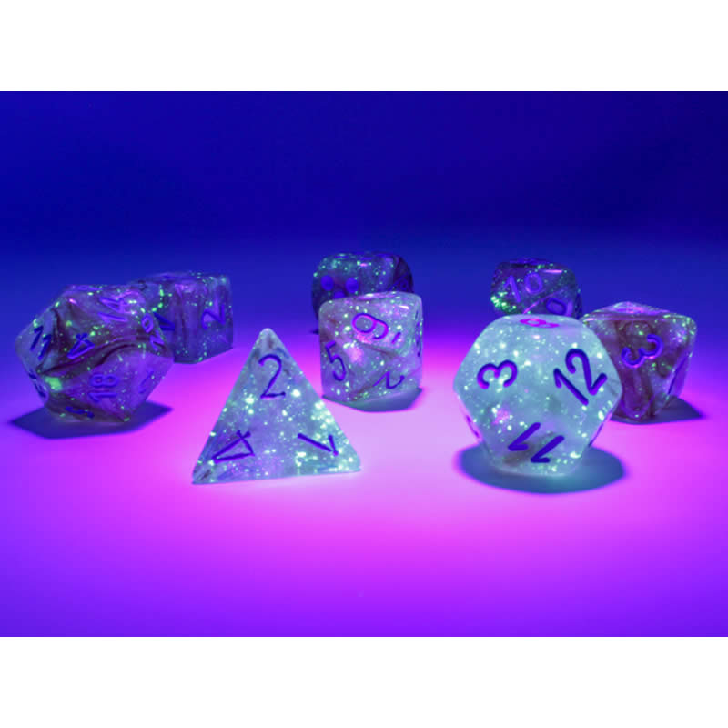 CHX30045 Rose Gold Borealis Luminary Dice with Light Blue Numbers 7+1 Dice Set 16mm (5/8in) 3rd Image