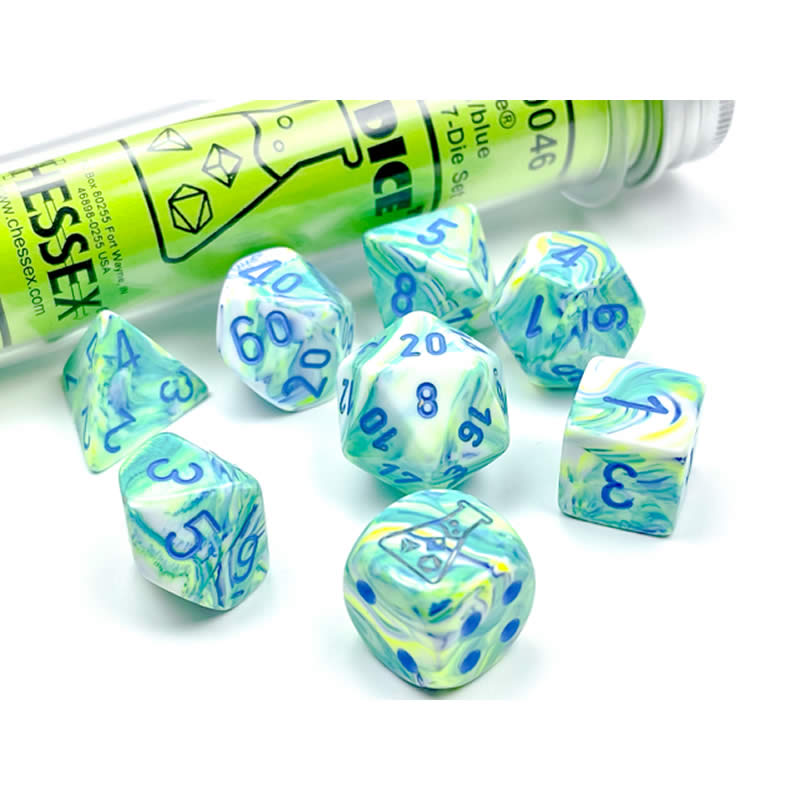 CHX30046 Garden Festive Luminary Dice with Blue Numbers 7+1 Dice Set 16mm (5/8in) Main Image