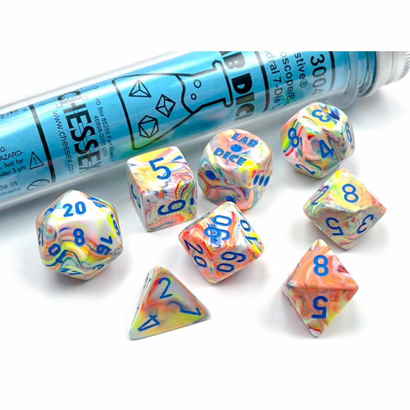 CHX30047 Kaleidoscope Festive Luminary Dice with Blue Numbers 7+1 Dice Set 16mm (5/8in) Main Image