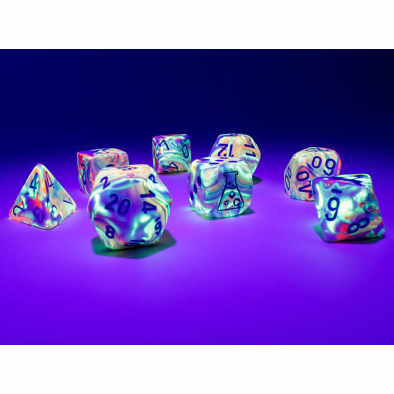 CHX30047 Kaleidoscope Festive Luminary Dice with Blue Numbers 7+1 Dice Set 16mm (5/8in) 3rd Image