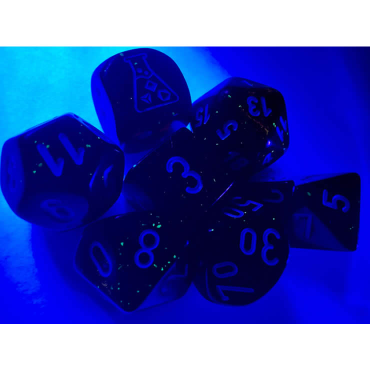 CHX30052 Borealis Blood Orange Luminary Dice with White Numbers 7+1 Dice Set 16mm (5/8in) 2nd Image