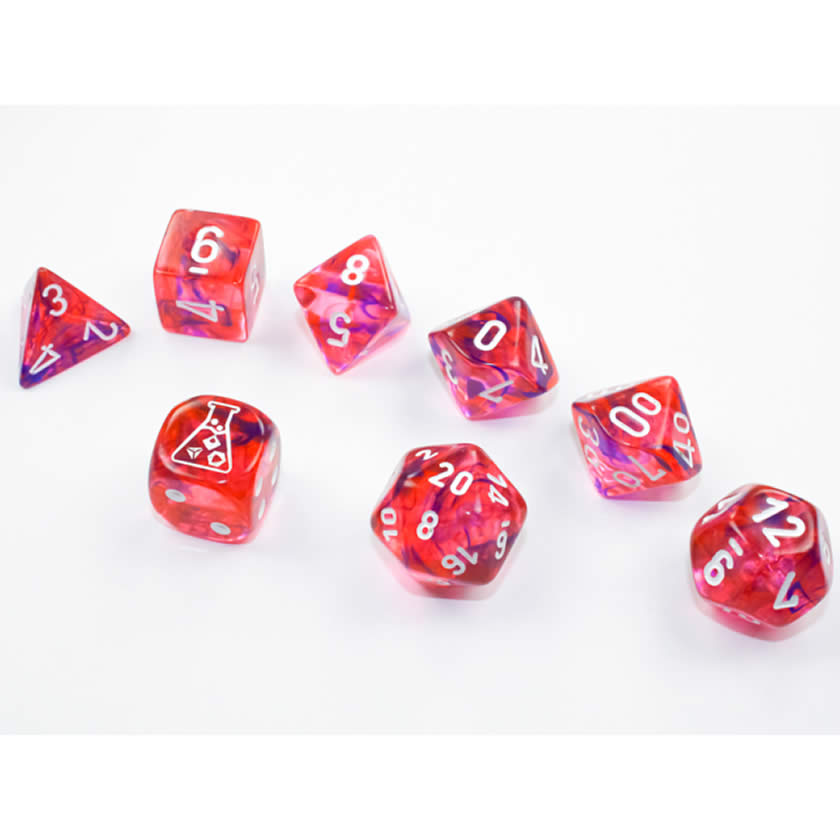 CHX30057 Red Nebula Black Light Special Dice White Numbers 7+1 Dice Set 16mm (5/8in)