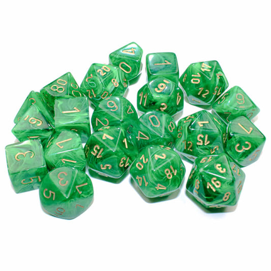 CHXLE714 Green Vortex Dice with Gold Colored Numbers 16mm (5/8in) Pack of 20 Main Image