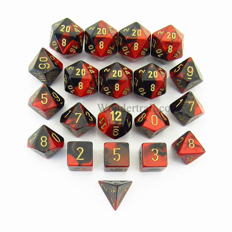 CHXLE823 Black Red Gemini Dice Gold Numbers 16mm (5/8in) Pack of 20 Main Image