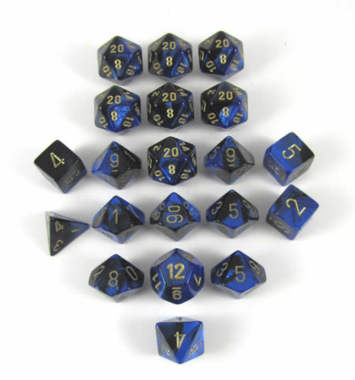 CHXLE824 Black Blue Gemini Dice Gold Numbers 16mm (5/8in) Pack of 20 Main Image