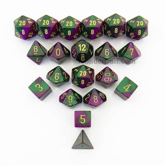 CHXLE827 Green Purple Gemini Dice Gold Numbers 16mm (5/8in) Pack of 20 Main Image
