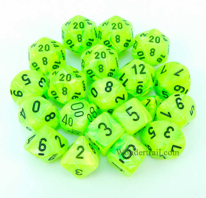 CHXLE864 Bright Green Vortex Dice Black Numbers 16mm (5/8in) Pack of 20 Main Image