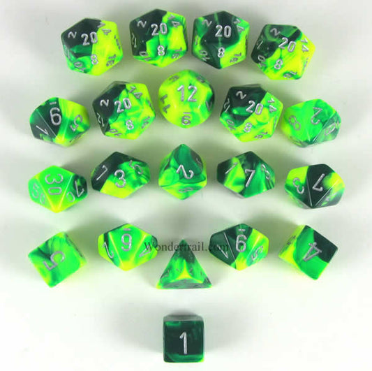 CHXLE875 Green Yellow Gemini Dice Silver Numbers 16mm Pack of 20 Main Image