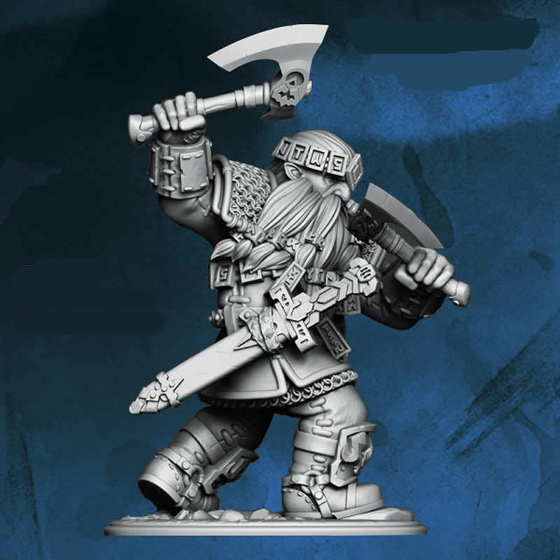 FLM28070 Arbazd Two Axes Dwarven Warrior Figure Kit 28mm Heroic Scale Miniature Unpainted Main Image