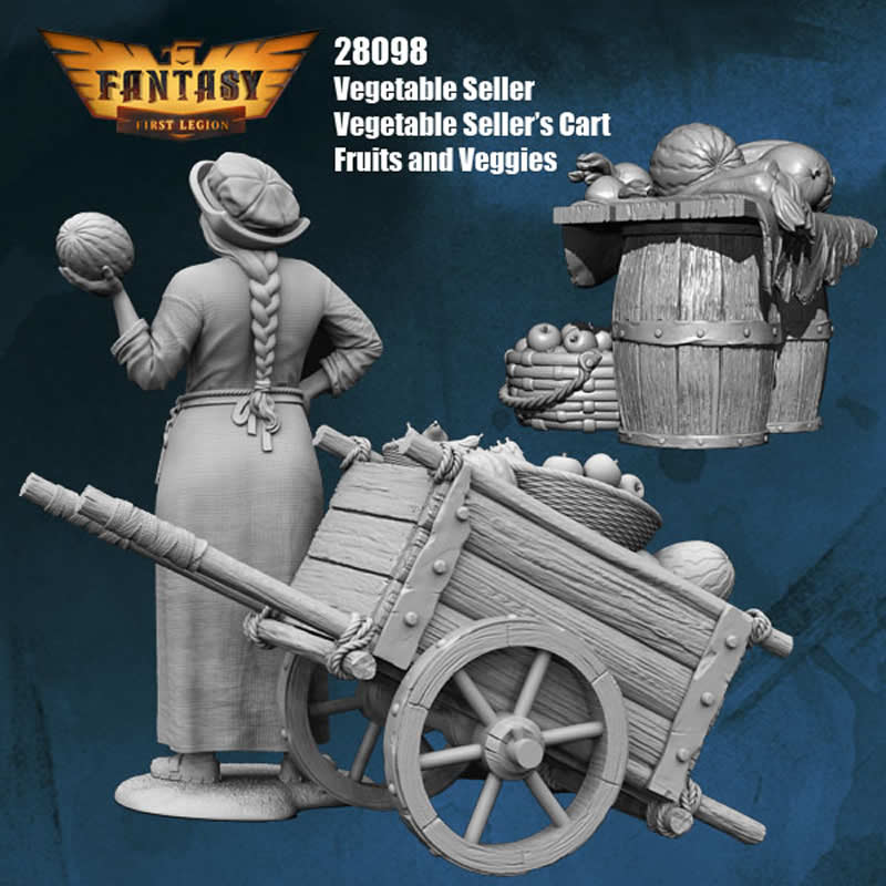 FLM28098 Vegetable Seller with Cart and Fruit Barrels Figure Kit 28mm Heroic Scale Miniature Unpainted 4th Image