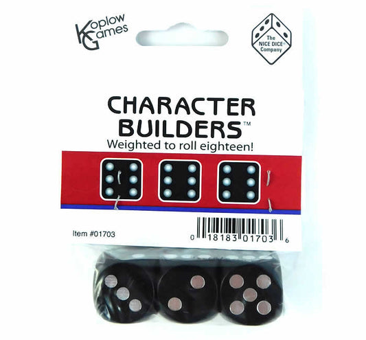 KOP01703 Character Builder Dice Black Opaque Silver Pips D6 Set of 3 18mm Main Image