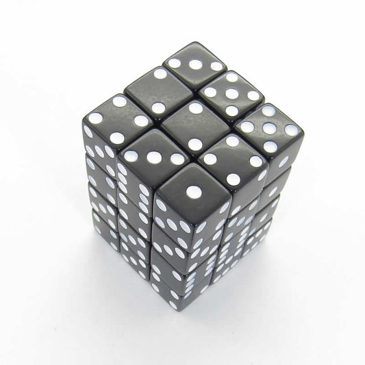 KOP01828 Black Opaque Squared Corner Dice White Pips D6 12mm Pack of 36 Main Image