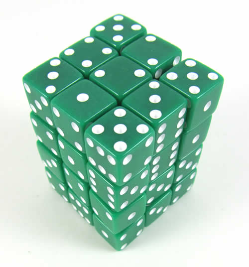 KOP01830 Green Opaque Squared Corner Dice White Pips D6 12mm Pack of 36 Main Image