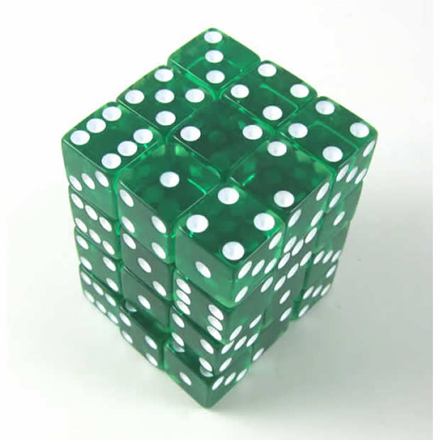 KOP01853 Green Transparent Squared Corner Dice White Pips D6 12mm Main Image