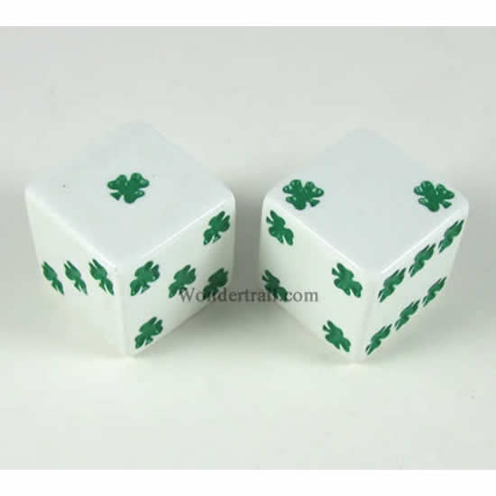 KOP03944 White Lucky Dice with Green Clovers D6 25mm (1in) Pack of 2 Main Image