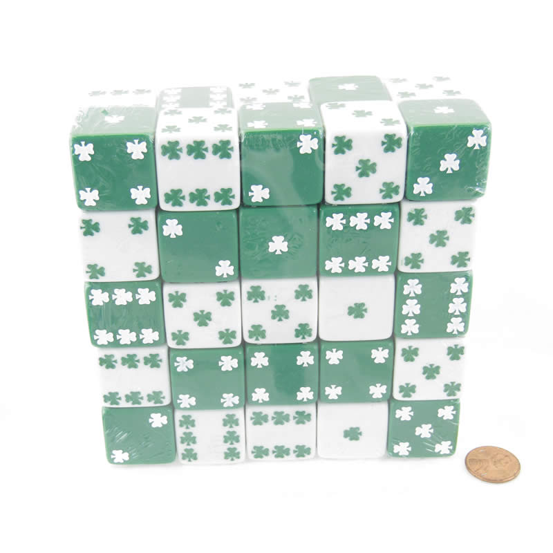 KOP04890 Lucky Dice Green and White D6 25mm (1in) Pack of 50 Dice Main Image