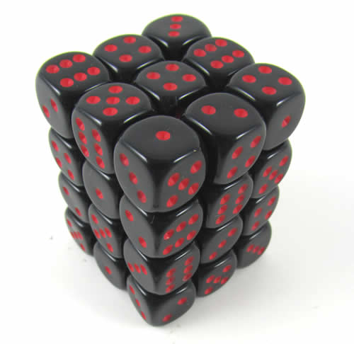 KOP05110 Black Opaque Deluxe Dice Red Pips D6 12mm (1/2in) Pack of 36 Main Image