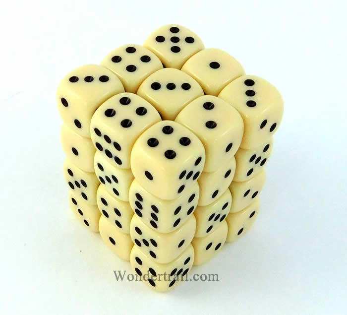 KOP05114 Ivory Opaque Deluxe Dice Black Pips D6 12mm (1/2in) Pack of 36 Main Image