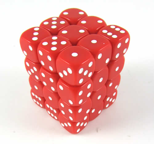 KOP05117 Red Opaque Deluxe Dice White Pips D6 12mm (1/2in) Pack of 36 Main Image