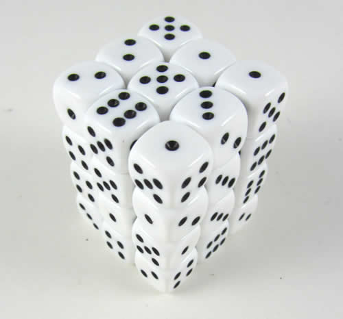 KOP05118 White Opaque Deluxe Dice Black Pips D6 12mm Pack of 36 Main Image