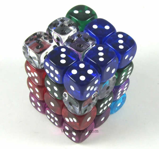 KOP05119 Assorted Transparent Deluxe Dice with Pips D6 12mm (1/2in) Pack of 36 Koplow Games Main Image