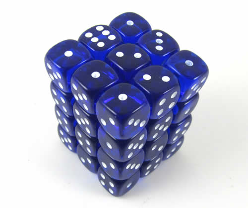 KOP05120 Blue Transparent Deluxe Dice White Pips D6 12mm Pack of 36 Main Image
