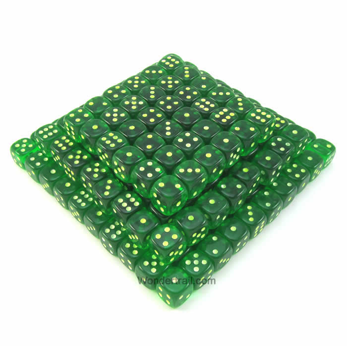 KOP05161 Green Transparent Dice Glow in the Dark Pips D6 16mm Bulk Pack of 200 Main Image