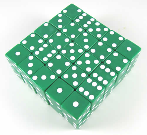 KOP05240 Green Opaque Dice White Pips D6 25mm (1in) Bulk Pack of 50 Main Image