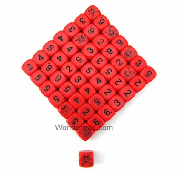 KOP05698 Skull Dice Red Opaque Black Standard Numbers 16mm Bulk Pack of 50 Main Image