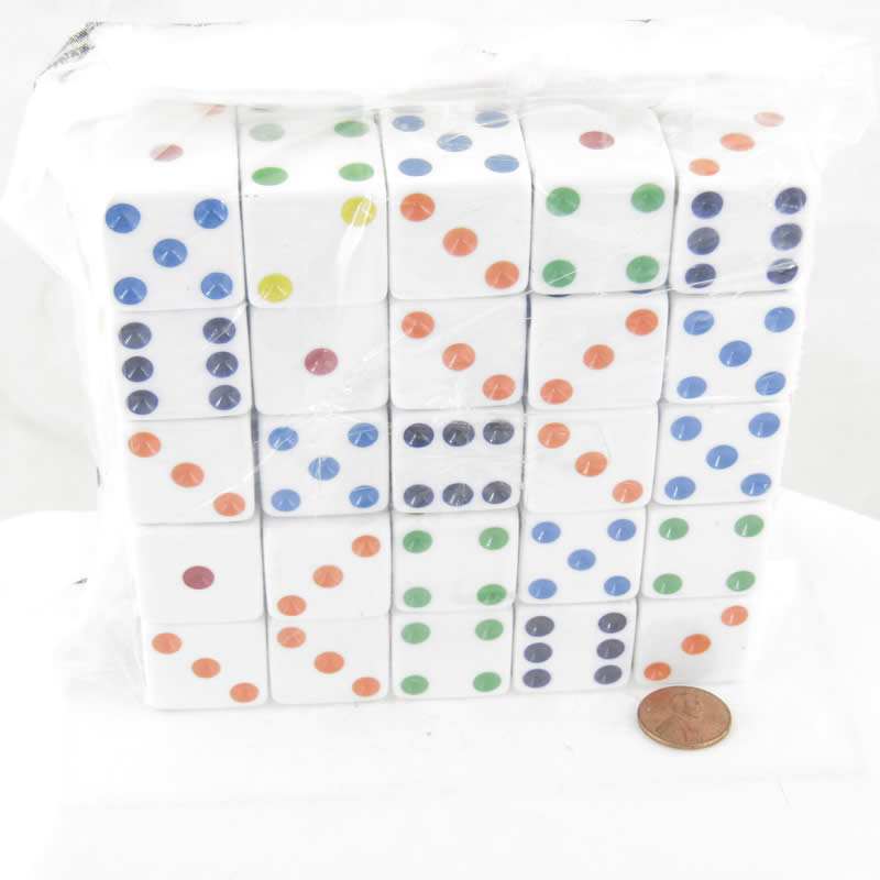 KOP06380 White Opaque Dice with Multi-Colored Pips D6 25mm (1in) Bulk Pack of 50 Koplow Games Main Image