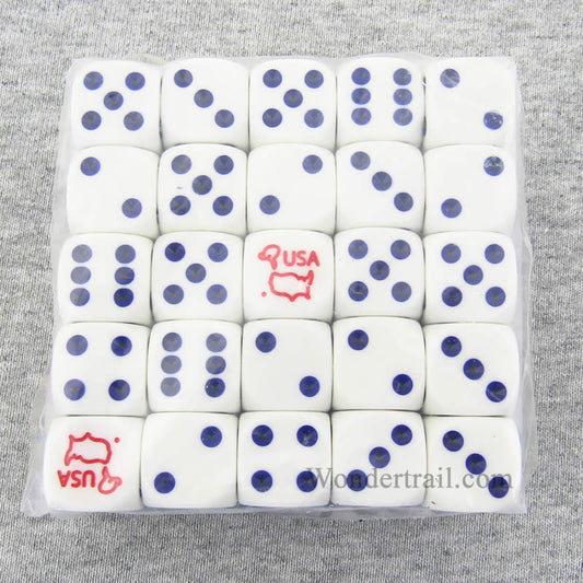 KOP07219 USA Dice White with Blue Pips and Red USA D6 16mm Bulk Pack of 50 Main Image