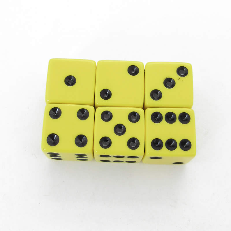 KOP08119 Yellow Opaque Dice Black Pips D6 16mm (5/8in) Pack of 6 Koplow Main Image