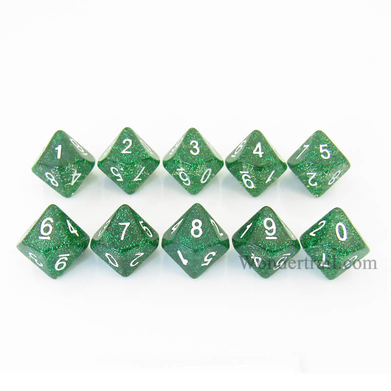 KOP08495 Green Glitter Dice White Numbers D10 16mm (5/8in) Pack of 10 Main Image