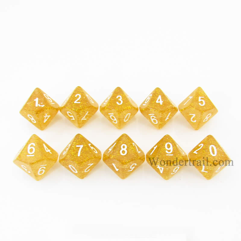 KOP08497 Yellow Glitter Dice White Numbers D10 16mm (5/8in) Pack of 10 Main Image