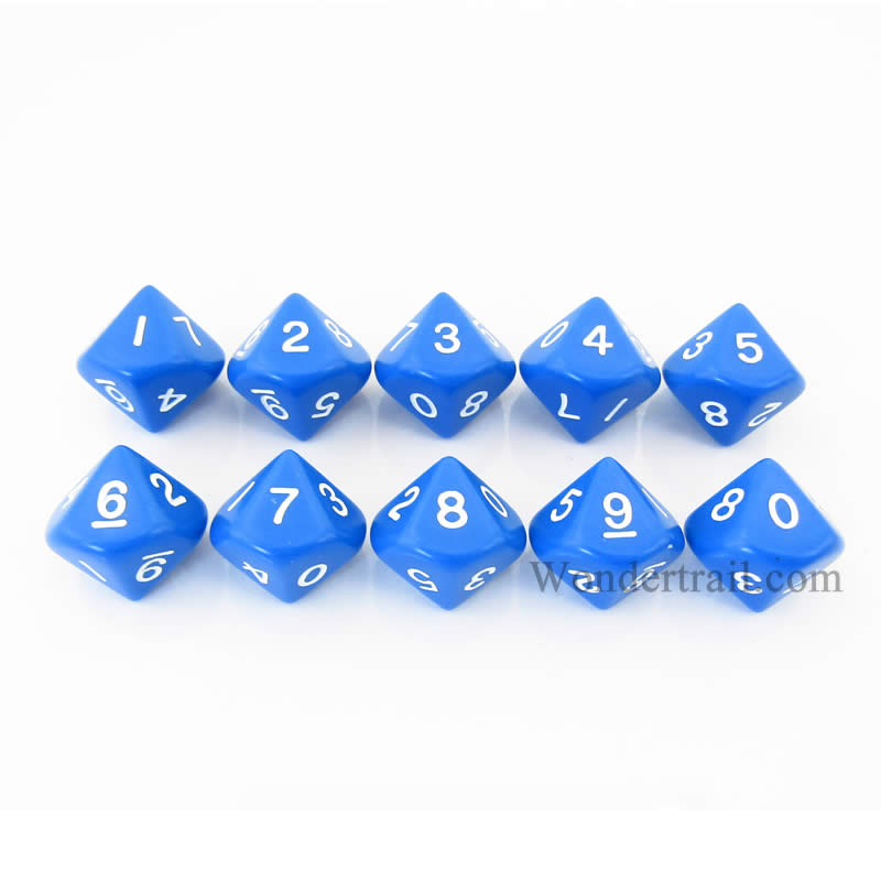KOP08508 Blue Opaque Dice White Numbers D10 16mm (5/8in) Pack of 10 Main Image
